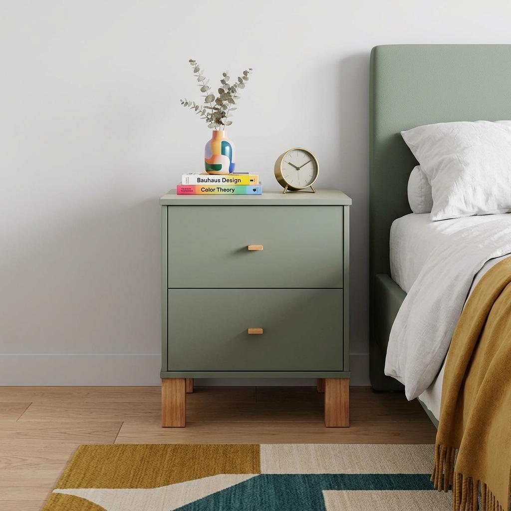 22" Olive Green Wood Two Drawer Nightstand
