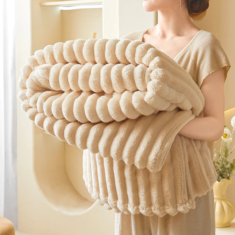 Striped Flannel Faux Fur Blanket — Soft Warm Throw for Sofa and Office