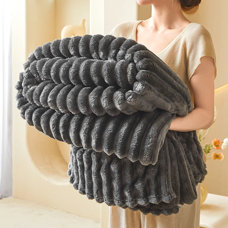 Striped Flannel Faux Fur Blanket — Soft Warm Throw for Sofa and Office