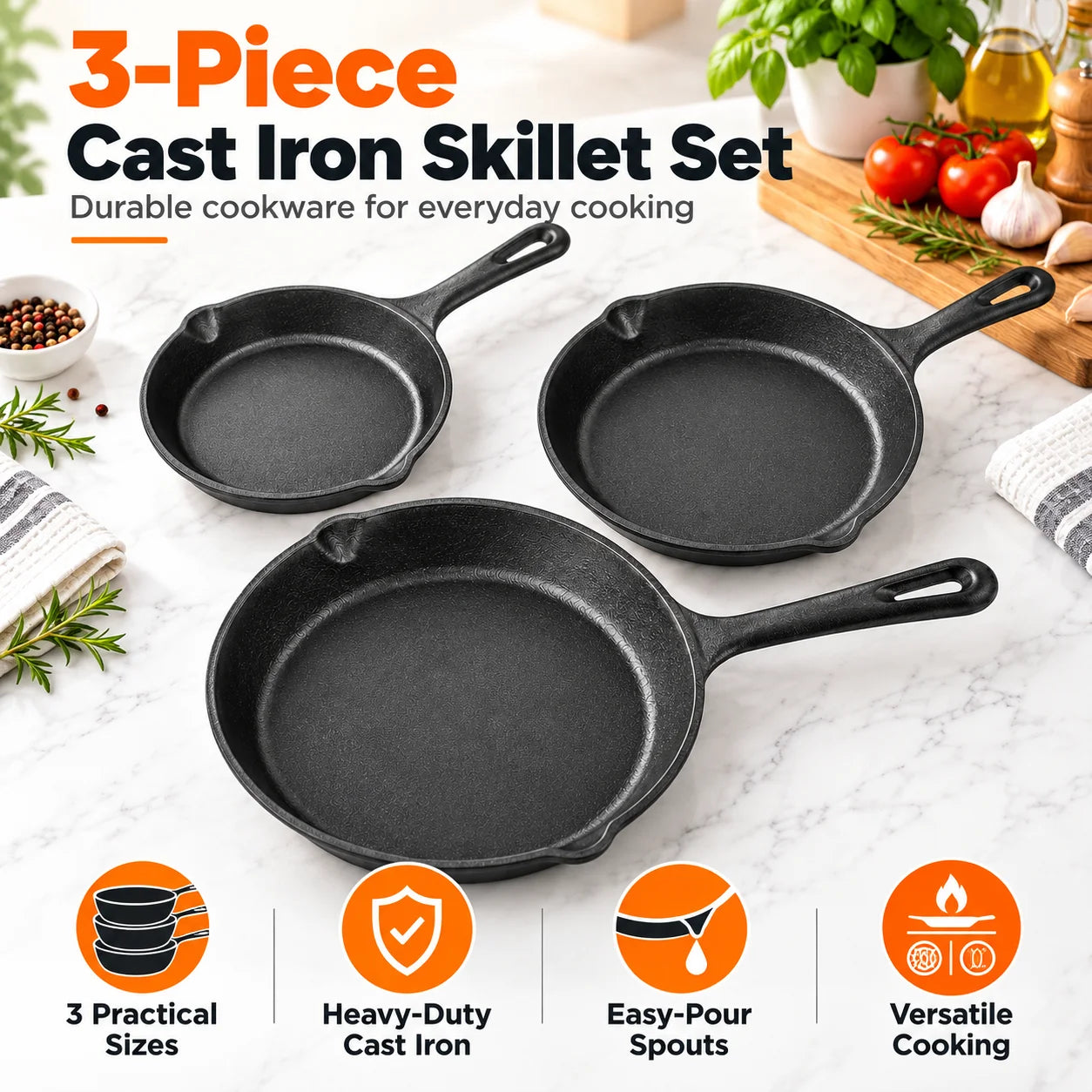 BZEQ Cast Iron Frying Pan Set — 3 Piece Non-Stick Skillet Collection