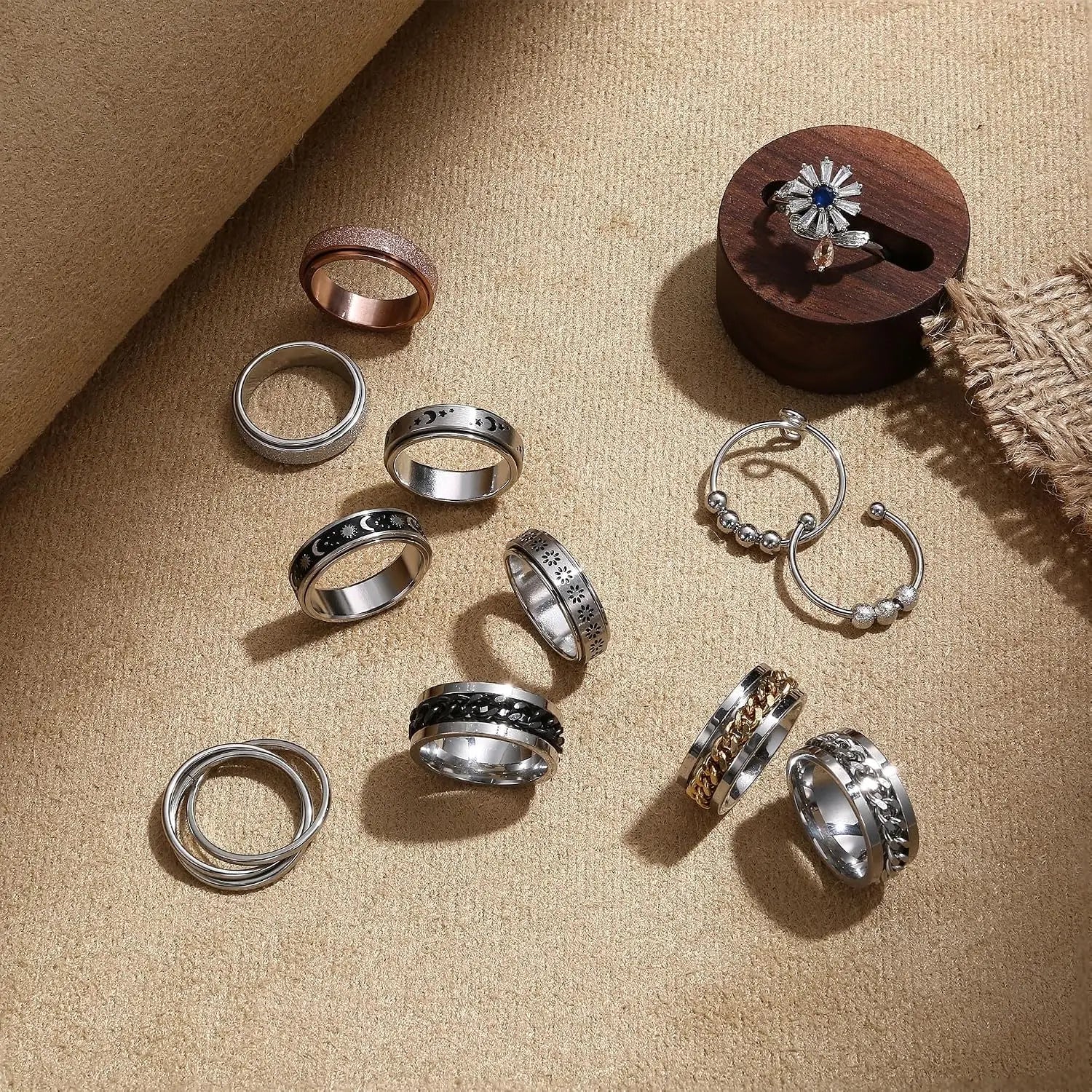 12-Piece Stainless Steel Fidget Ring Set — Adjustable Anxiety Relief Jewelry