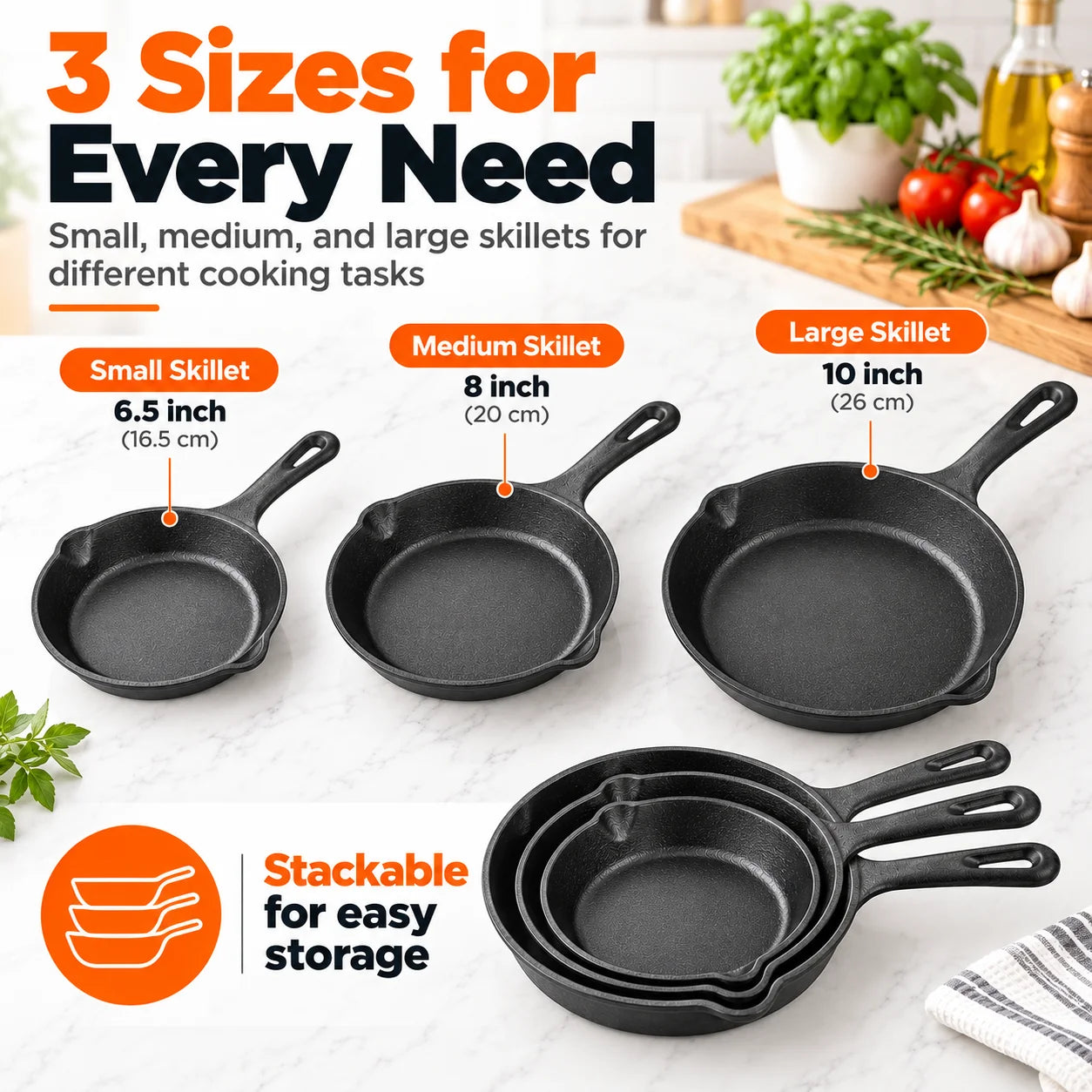 BZEQ Cast Iron Frying Pan Set — 3 Piece Non-Stick Skillet Collection