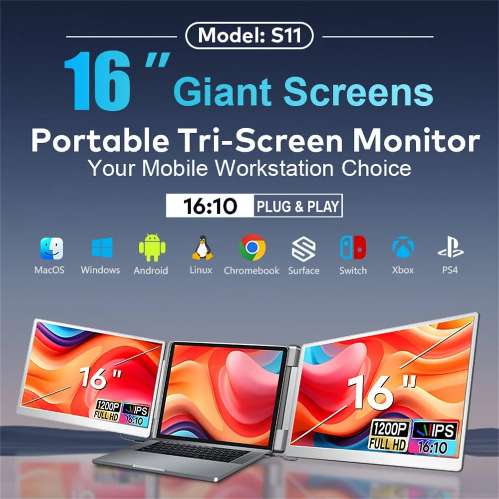 Rospider Portable LCD Monitor — High-Definition Triple Screen Extender