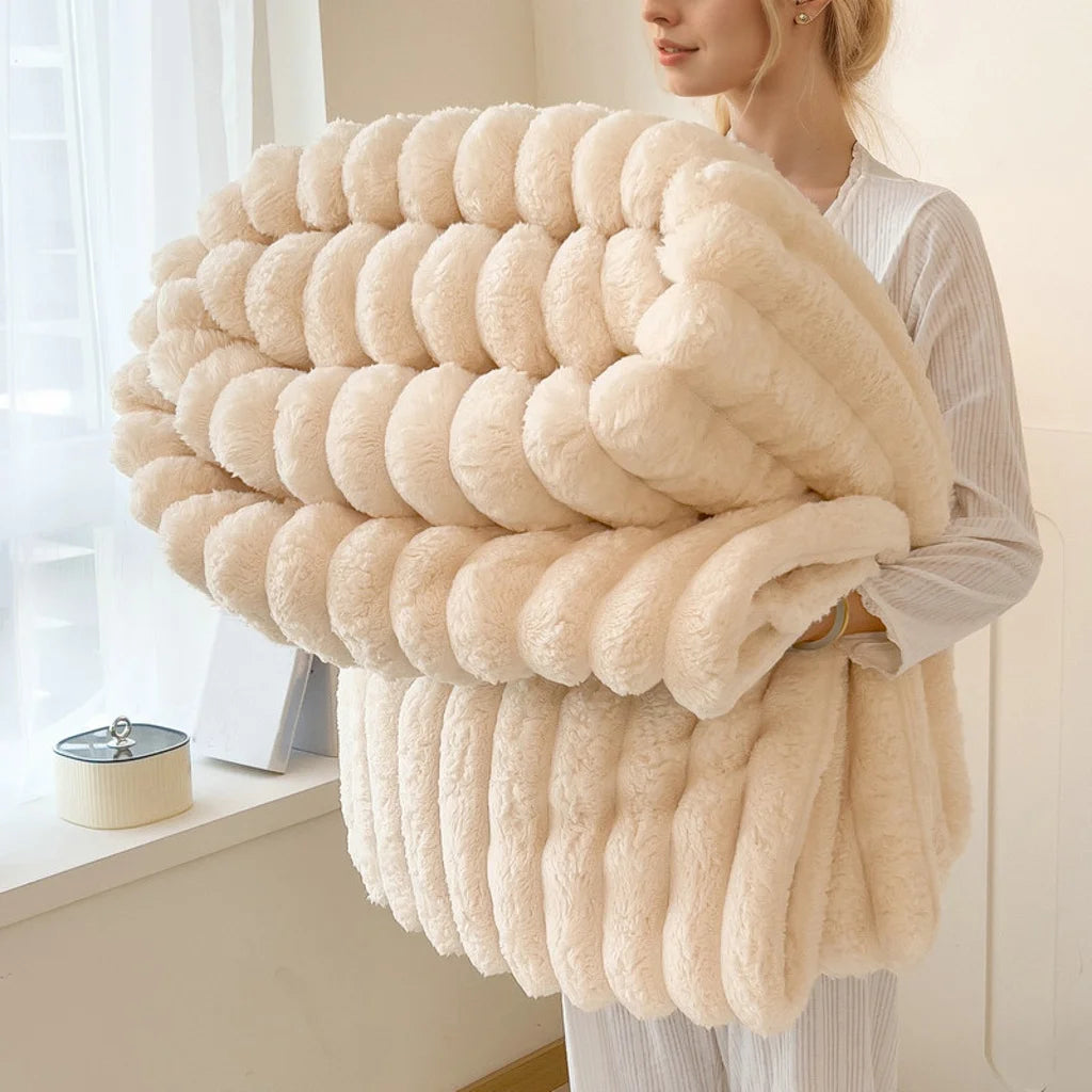 Striped Flannel Faux Fur Blanket — Soft Warm Throw for Sofa and Office