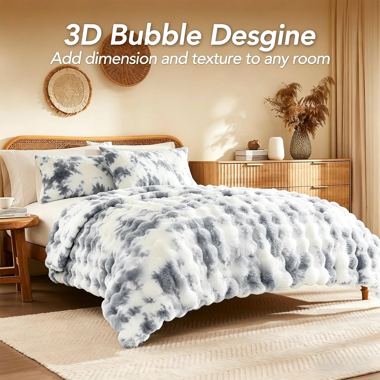 ROSEKIND Faux Fur Rabbit Bubble Blanket — Ultra Soft Weighted Throw