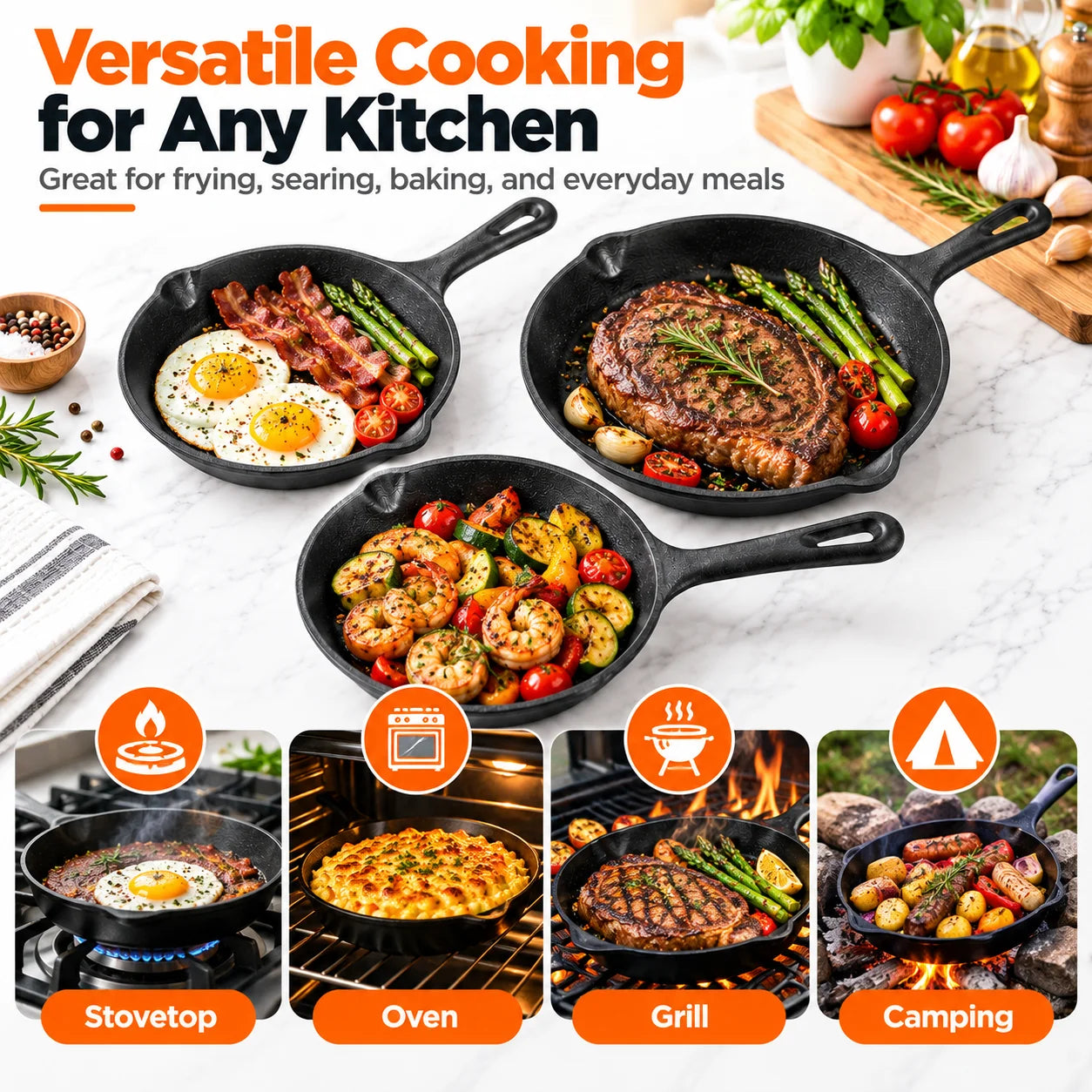 BZEQ Cast Iron Frying Pan Set — 3 Piece Non-Stick Skillet Collection