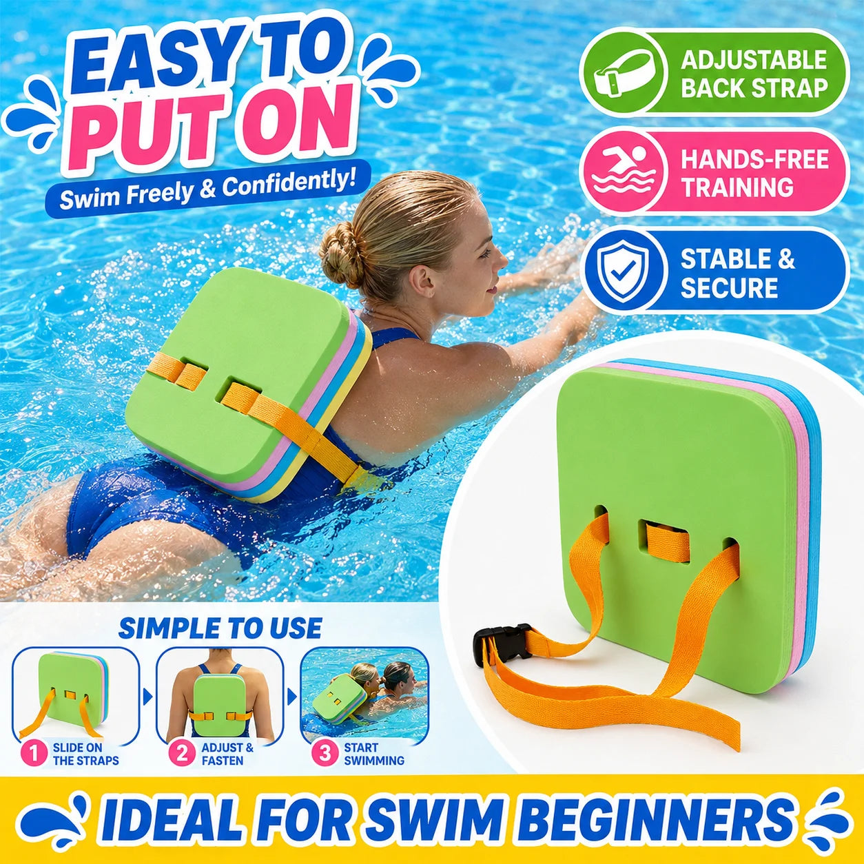 EVA Foam Swim Back Float Board — Adjustable Strap Training Kickboard