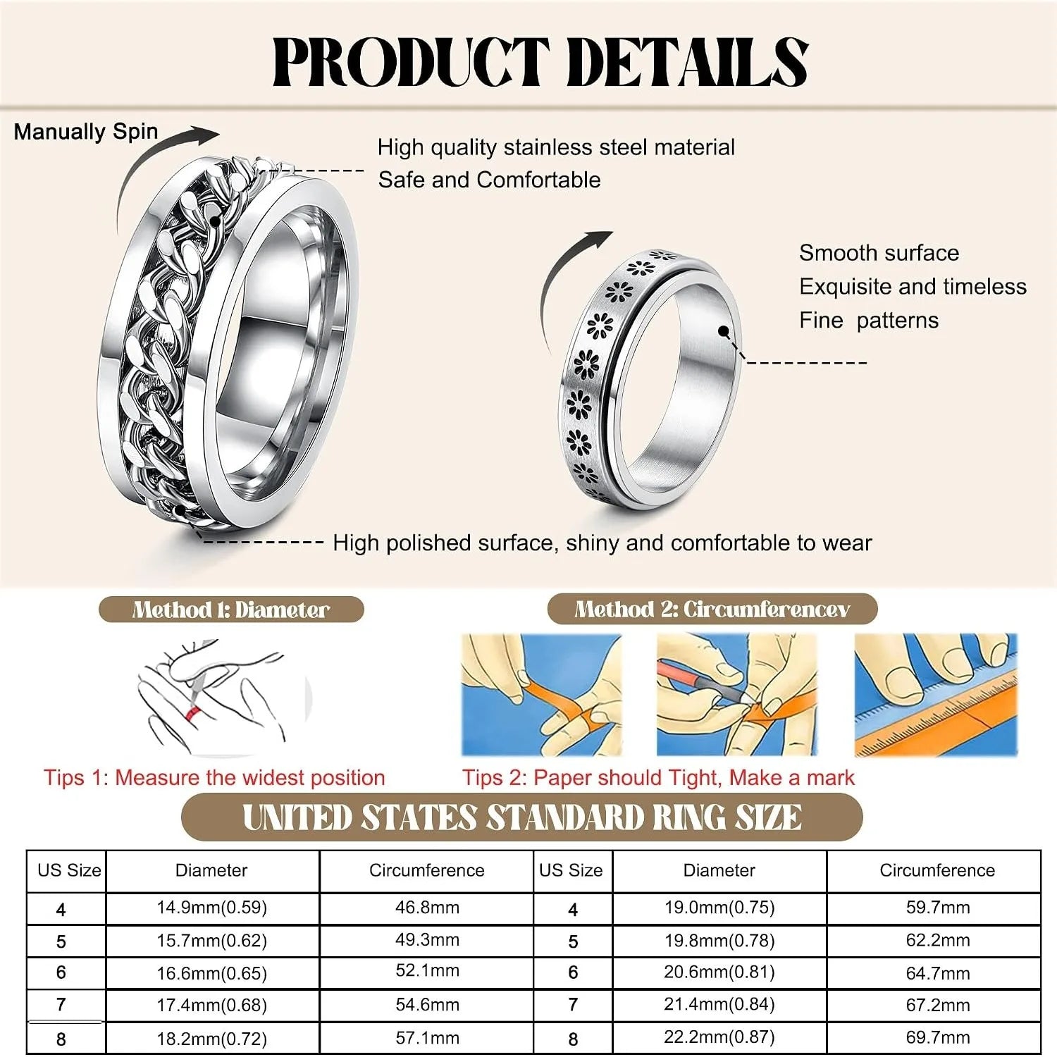12-Piece Stainless Steel Fidget Ring Set — Adjustable Anxiety Relief Jewelry
