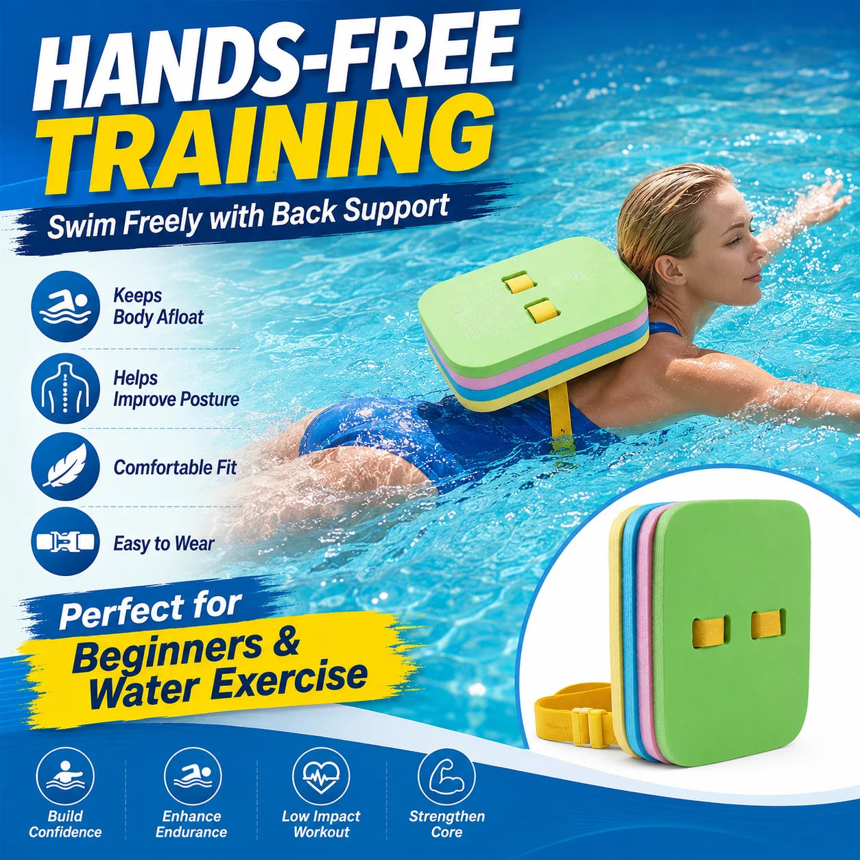 EVA Foam Swim Back Float Board — Adjustable Strap Training Kickboard