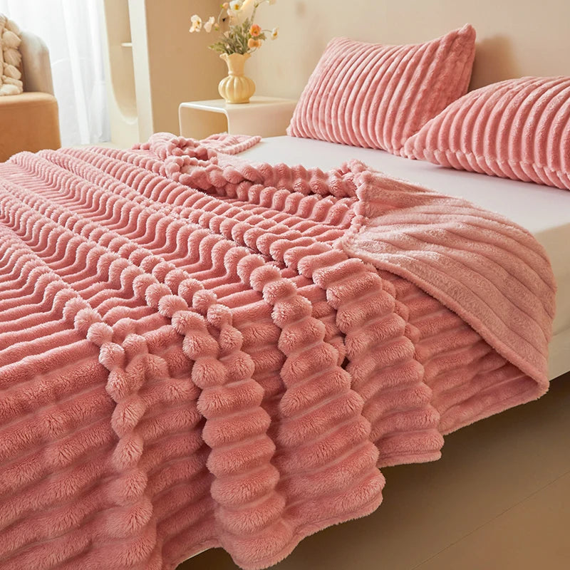 Striped Flannel Faux Fur Blanket — Soft Warm Throw for Sofa and Office