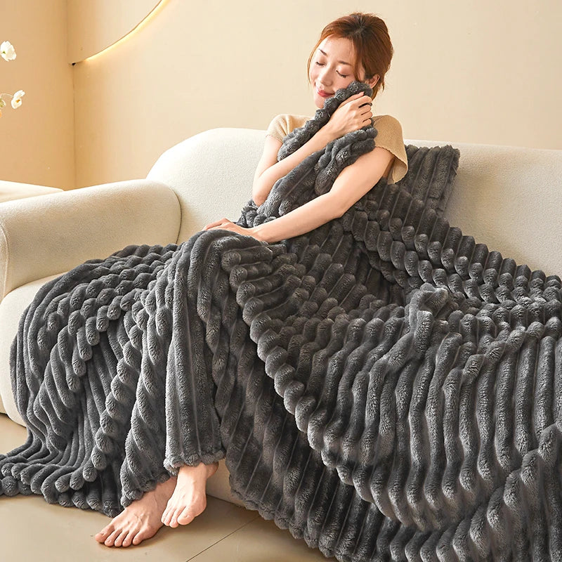 Striped Flannel Faux Fur Blanket — Soft Warm Throw for Sofa and Office