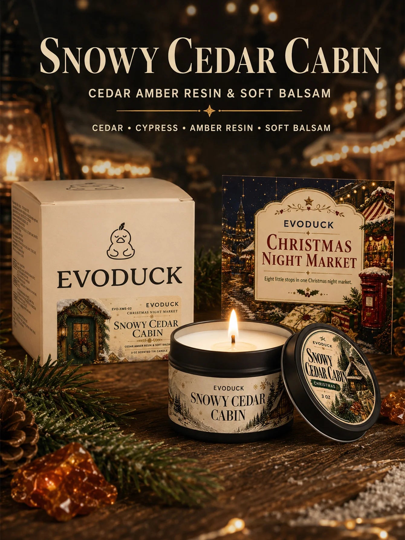 EVODUCK Cedar Amber Balsam Candle — Woodsy Pine Scented Holiday Gift