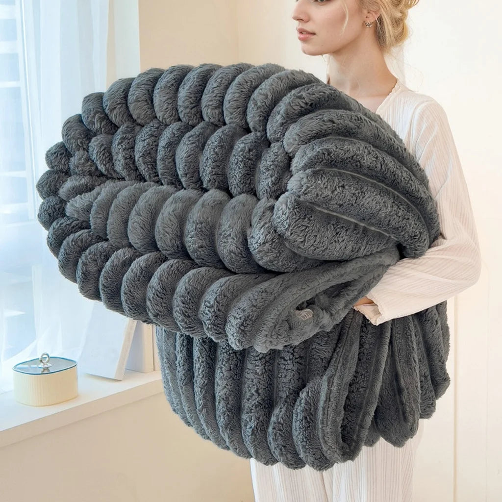 Striped Flannel Faux Fur Blanket — Soft Warm Throw for Sofa and Office