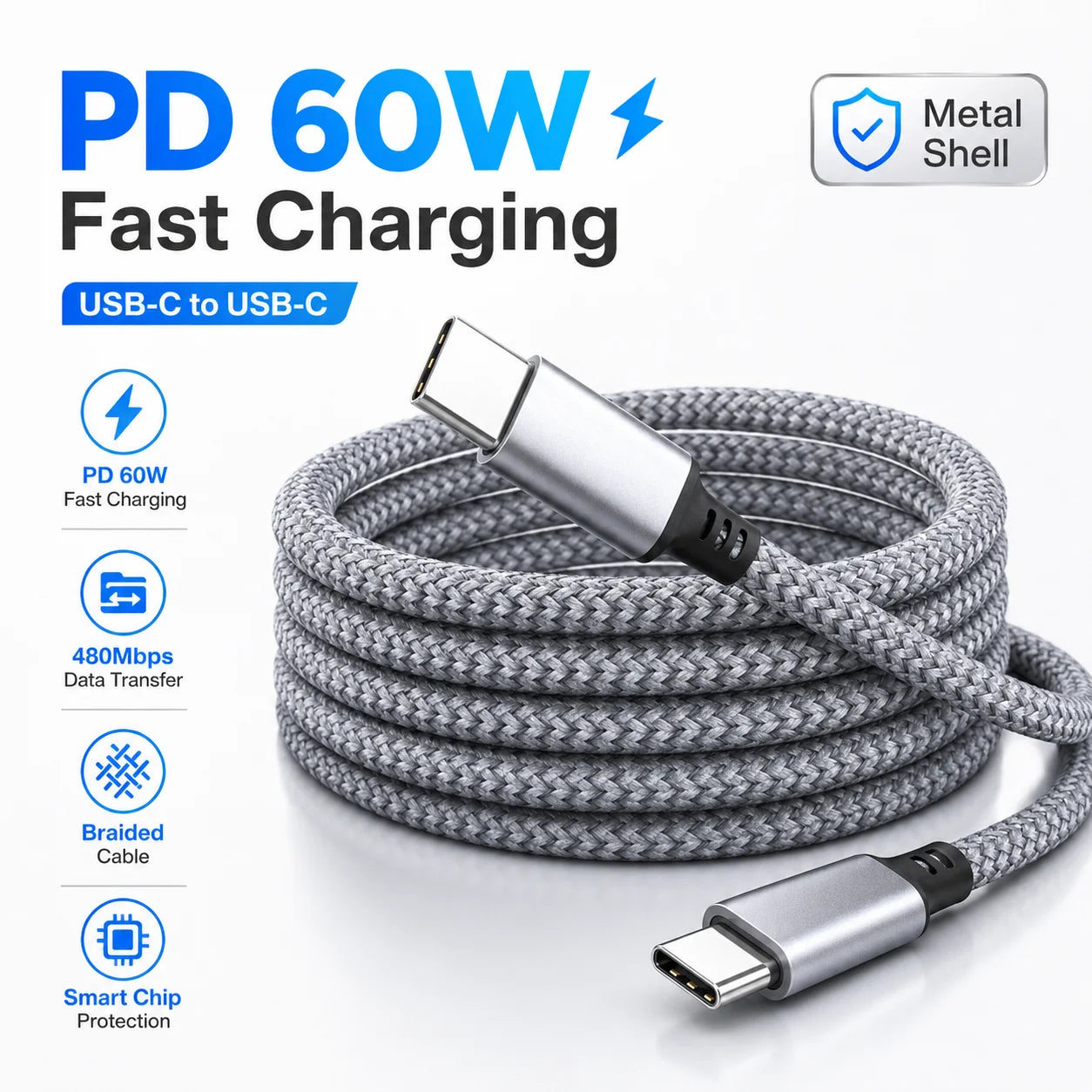 USB C to USB C Cable — 60W Fast Charging & Data Transfer Cord