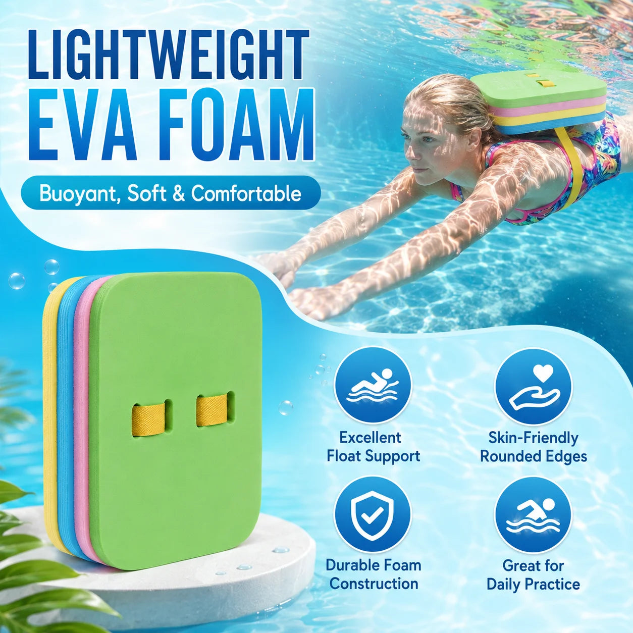 EVA Foam Swim Back Float Board — Adjustable Strap Training Kickboard