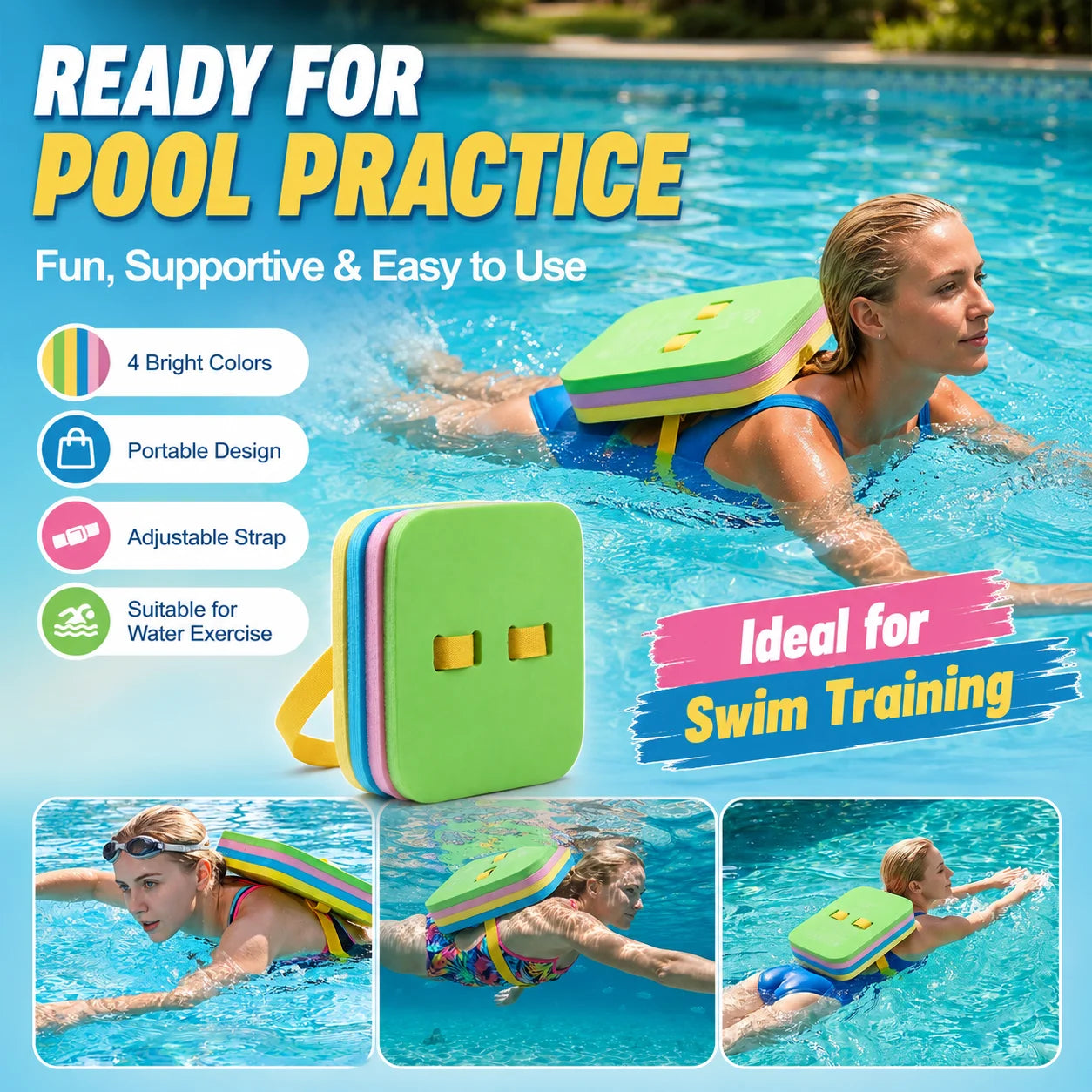 EVA Foam Swim Back Float Board — Adjustable Strap Training Kickboard