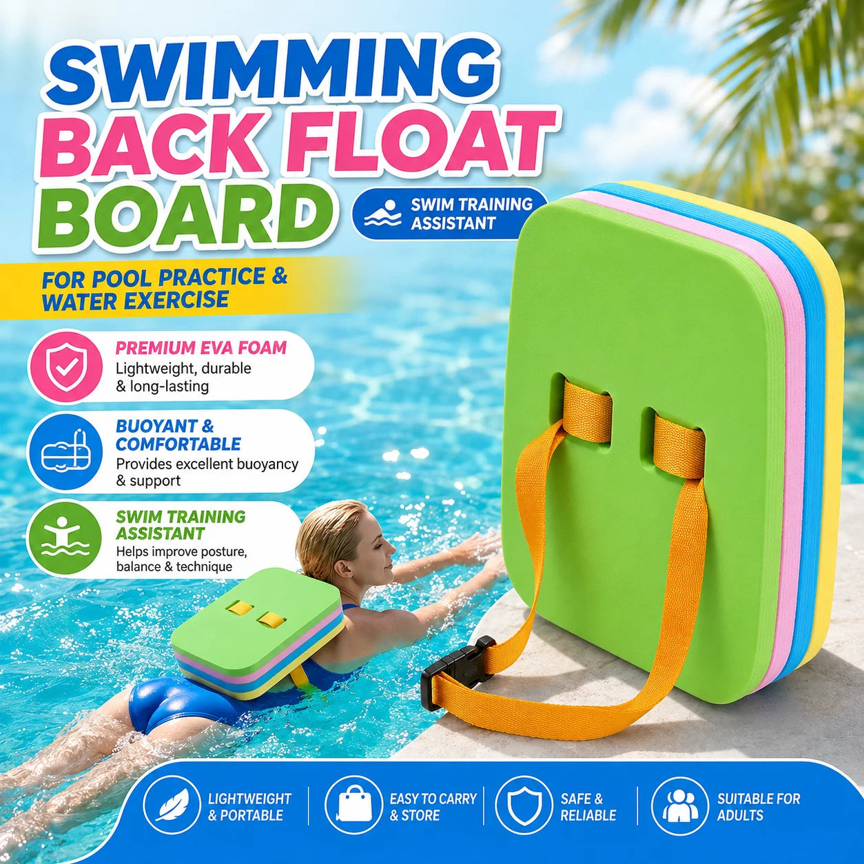 EVA Foam Swim Back Float Board — Adjustable Strap Training Kickboard