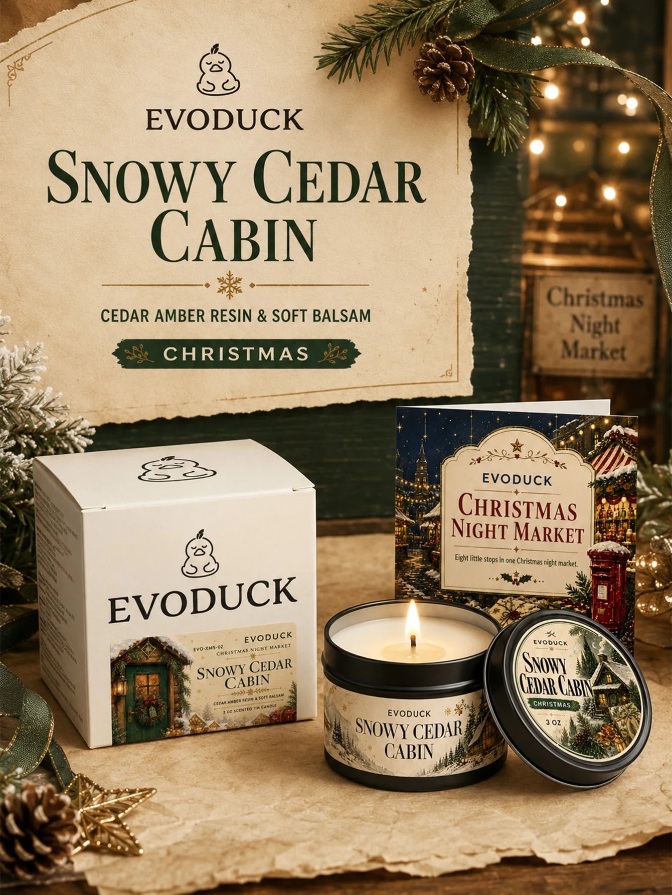 EVODUCK Cedar Amber Balsam Candle — Woodsy Pine Scented Holiday Gift