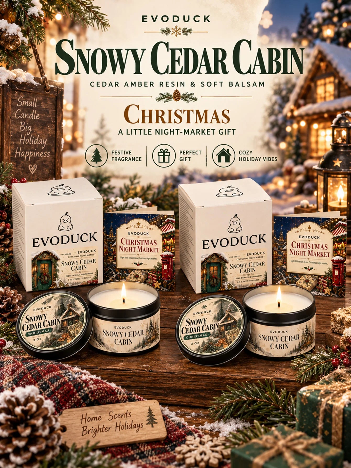 EVODUCK Cedar Amber Balsam Candle — Woodsy Pine Scented Holiday Gift