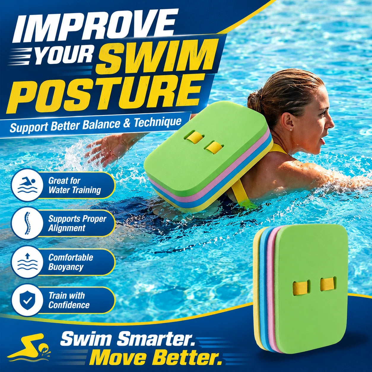 EVA Foam Swim Back Float Board — Adjustable Strap Training Kickboard