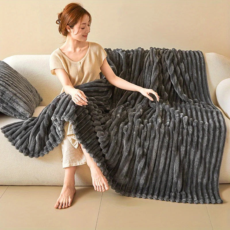 Striped Flannel Faux Fur Blanket — Soft Warm Throw for Sofa and Office