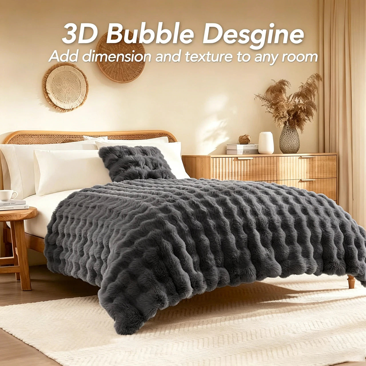 ROSEKIND Faux Fur Rabbit Bubble Blanket — Ultra Soft Weighted Throw