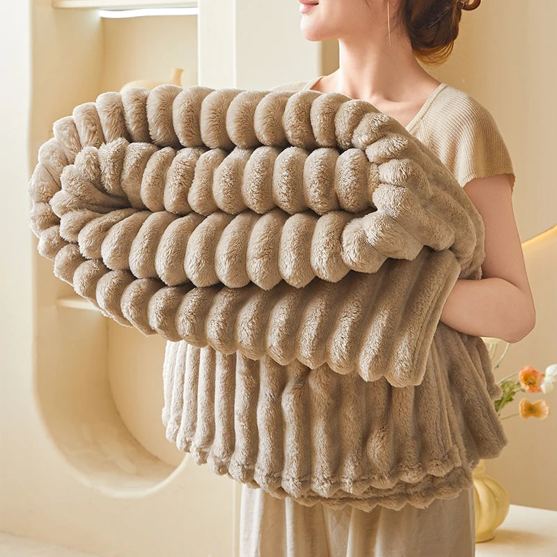 Striped Flannel Faux Fur Blanket — Soft Warm Throw for Sofa and Office
