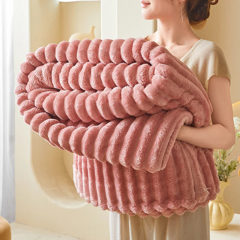 Striped Flannel Faux Fur Blanket — Soft Warm Throw for Sofa and Office