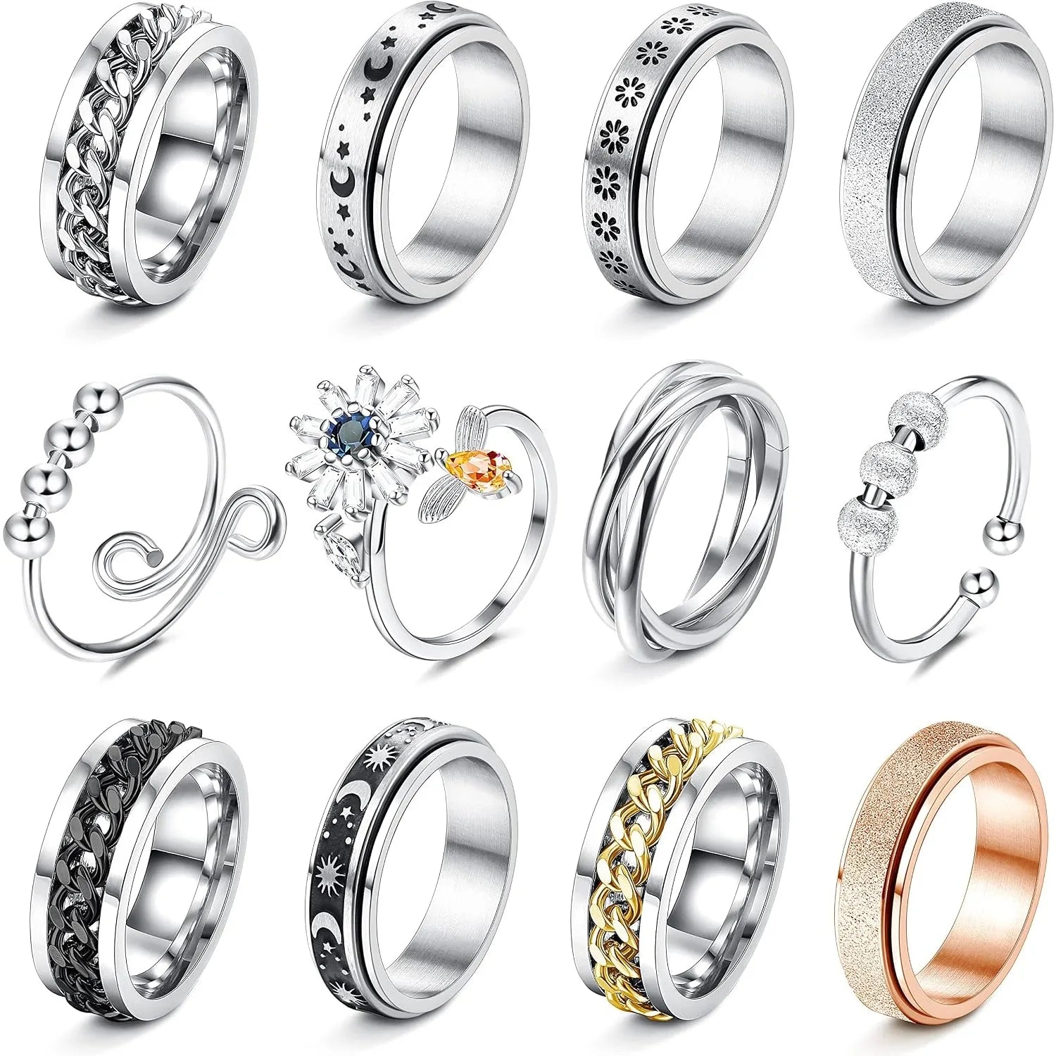 12-Piece Stainless Steel Fidget Ring Set — Adjustable Anxiety Relief Jewelry