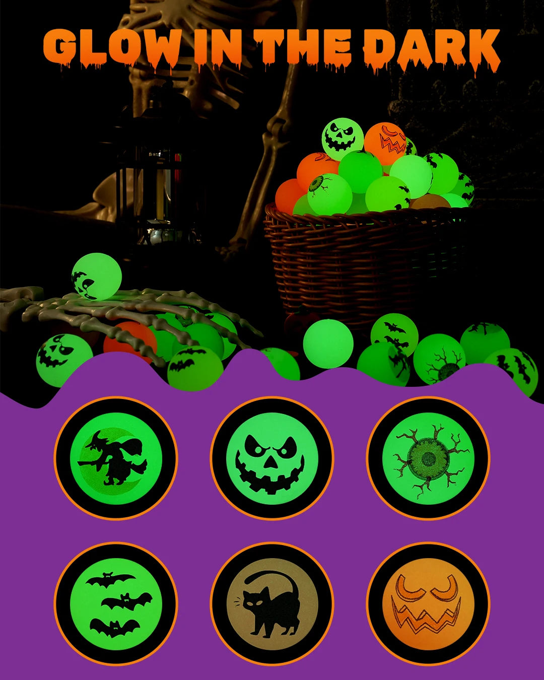 Halloween Glow-in-the-Dark Bouncy Balls — 72 Piece Spooky Party Favor Set