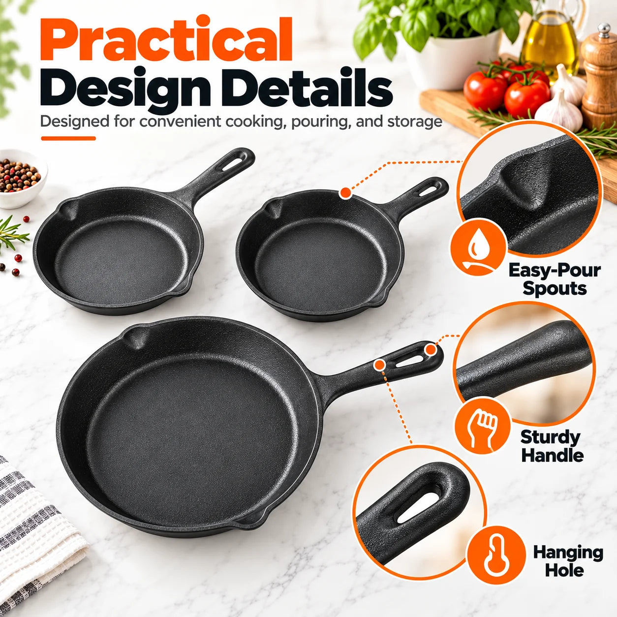 BZEQ Cast Iron Frying Pan Set — 3 Piece Non-Stick Skillet Collection