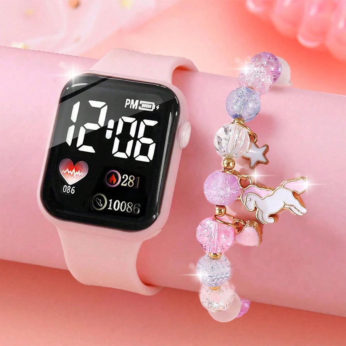 Digital Heart-Shaped LED Watch & Beaded Bracelet Set — Cute Fashion Accessory
