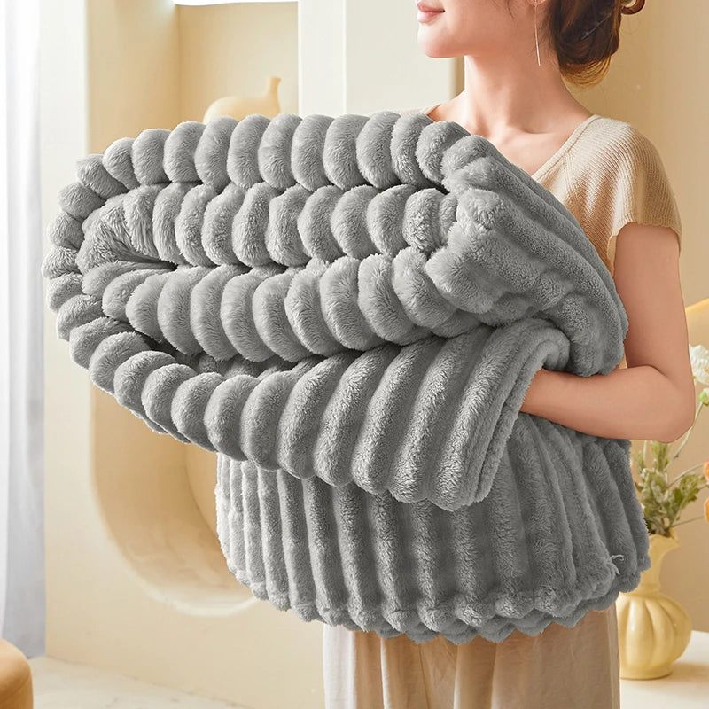 Striped Flannel Faux Fur Blanket — Soft Warm Throw for Sofa and Office