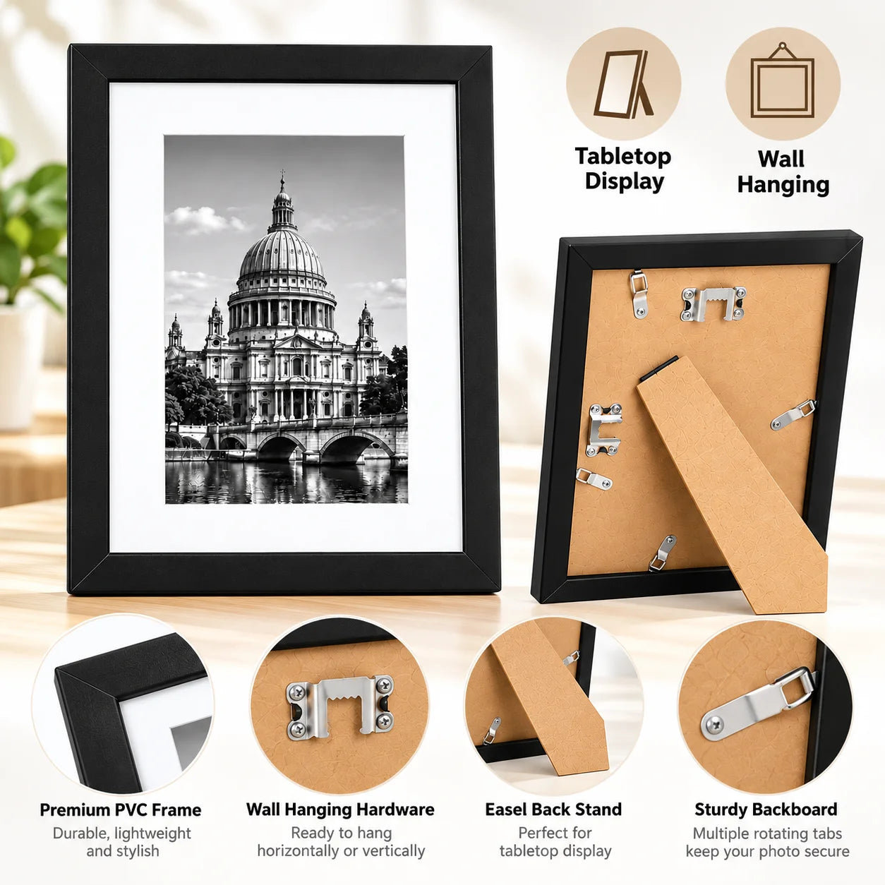 Modern Black PVC Photo Frame — Minimalist Tabletop or Wall Display