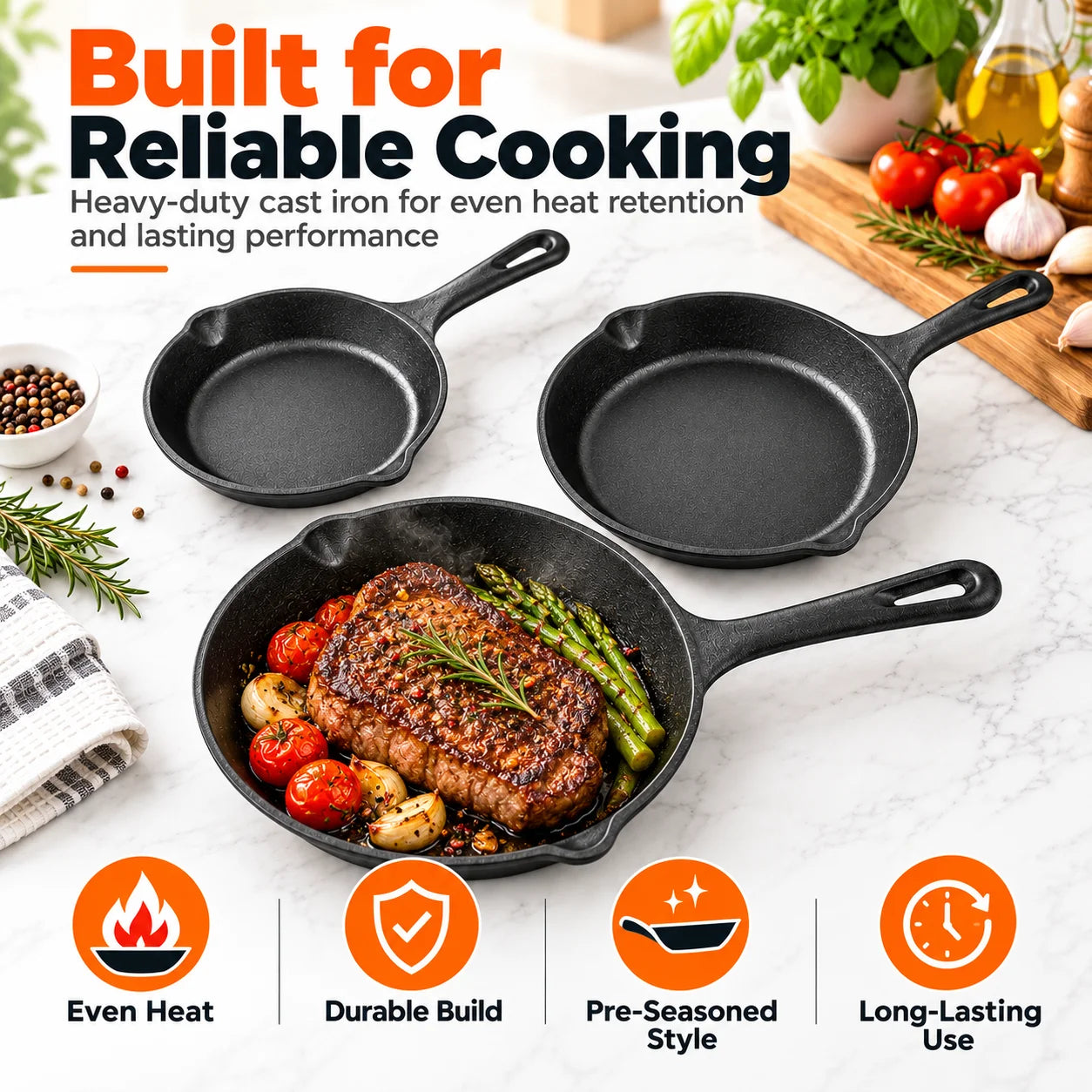 BZEQ Cast Iron Frying Pan Set — 3 Piece Non-Stick Skillet Collection