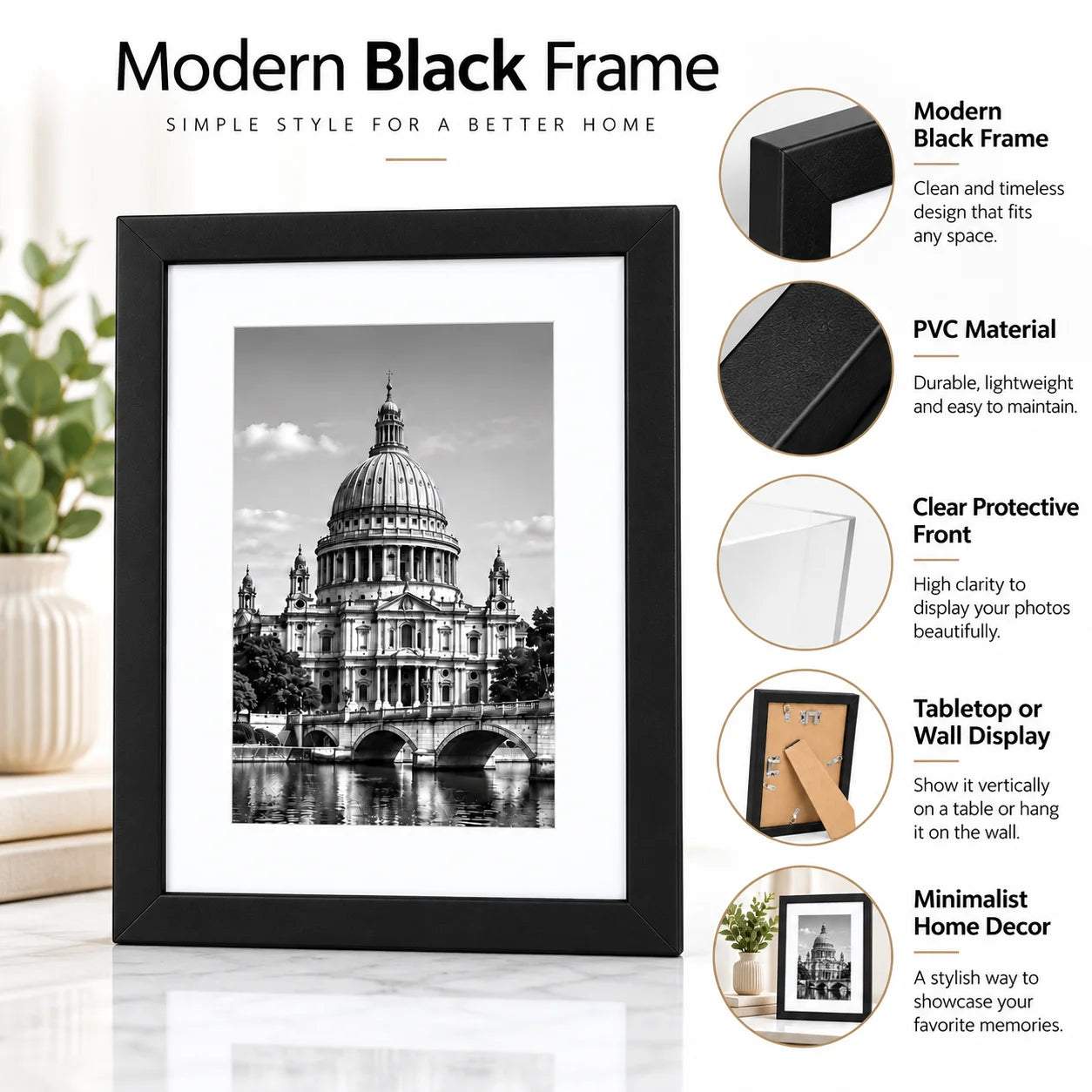Modern Black PVC Photo Frame — Minimalist Tabletop or Wall Display