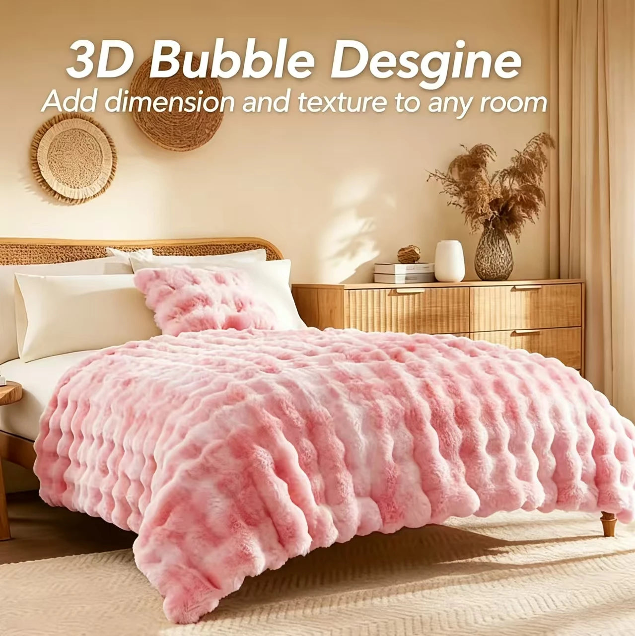 ROSEKIND Faux Fur Rabbit Bubble Blanket — Ultra Soft Weighted Throw
