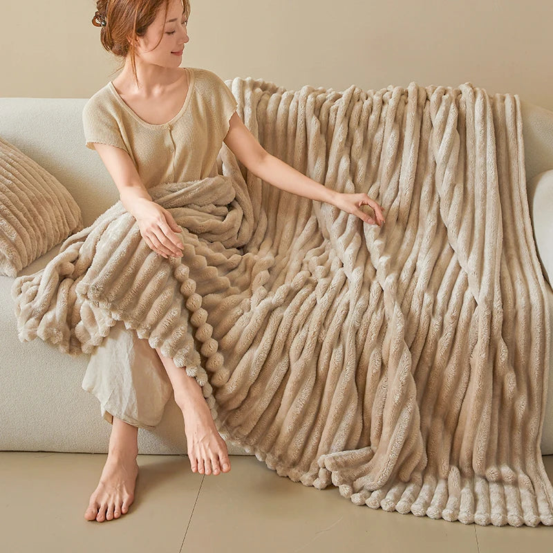 Striped Flannel Faux Fur Blanket — Soft Warm Throw for Sofa and Office