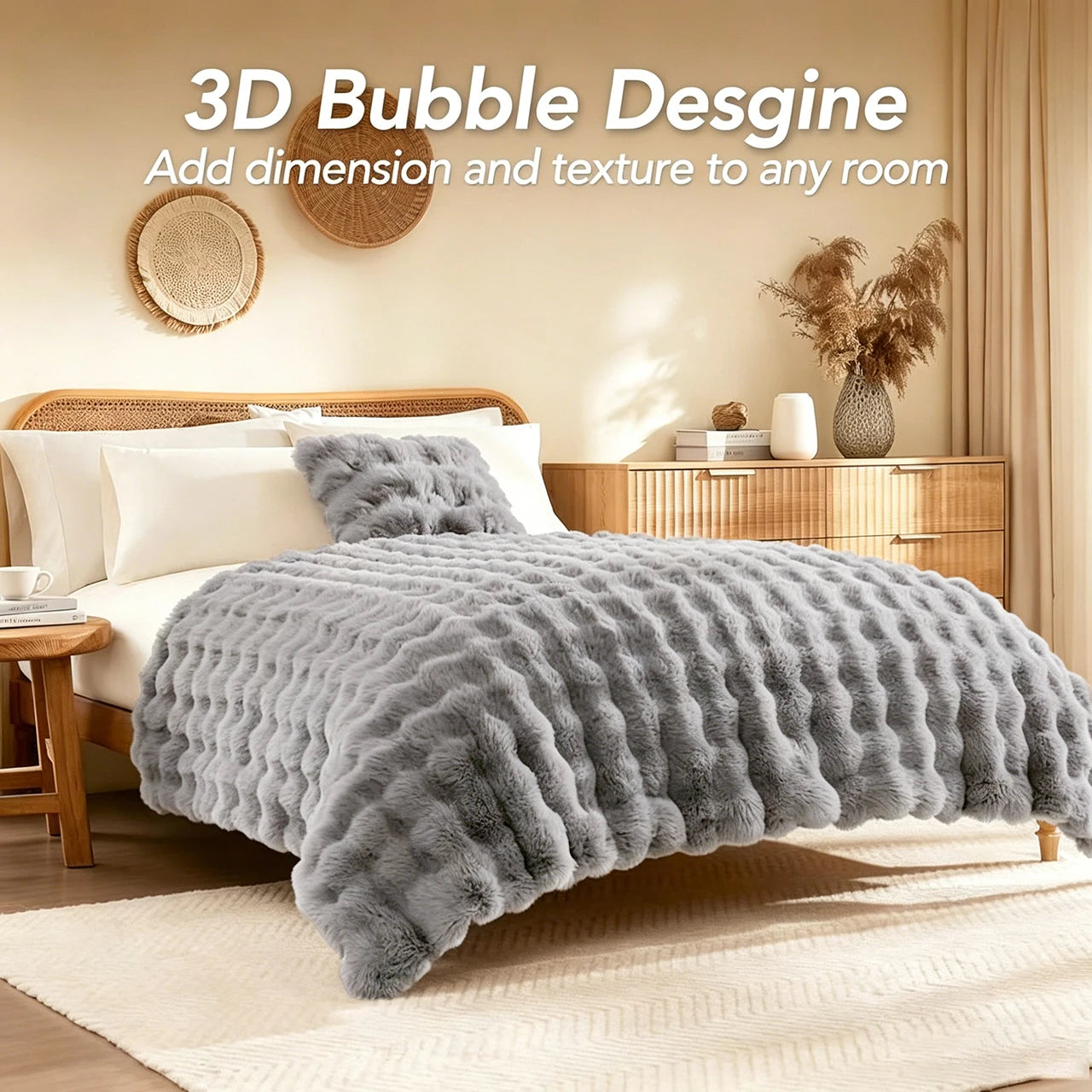 ROSEKIND Faux Fur Rabbit Bubble Blanket — Ultra Soft Weighted Throw