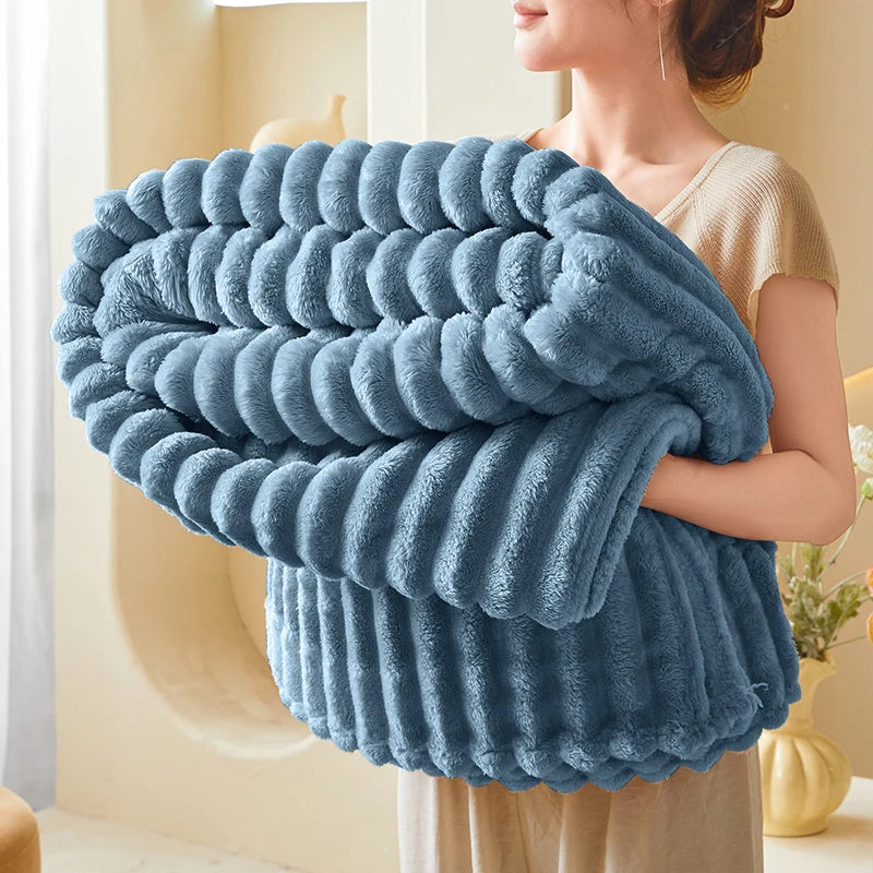 Striped Flannel Faux Fur Blanket — Soft Warm Throw for Sofa and Office