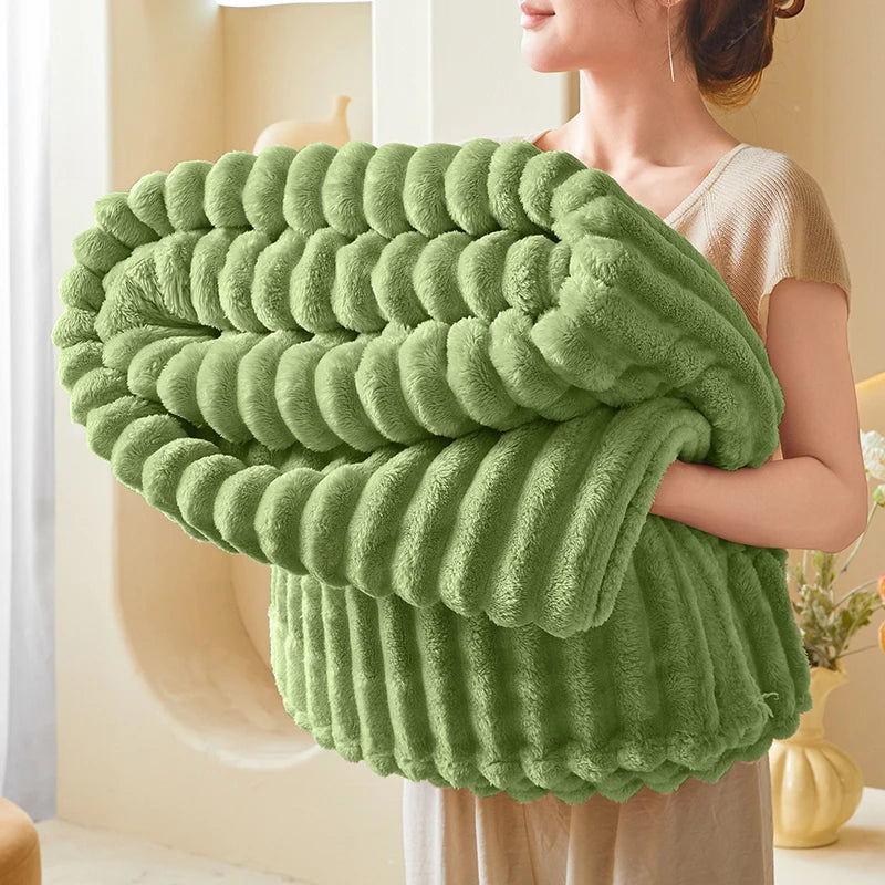 Striped Flannel Faux Fur Blanket — Soft Warm Throw for Sofa and Office