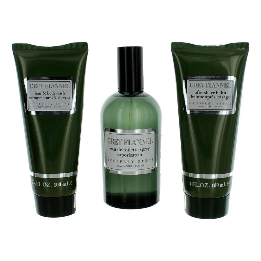 Grey Flannel 3 pcs Set: 4 oz Eau de Toilette Spray + 3.4 After Shave Balm + 3.4 Hair & Body Wash by Geoffrey Beene for Men