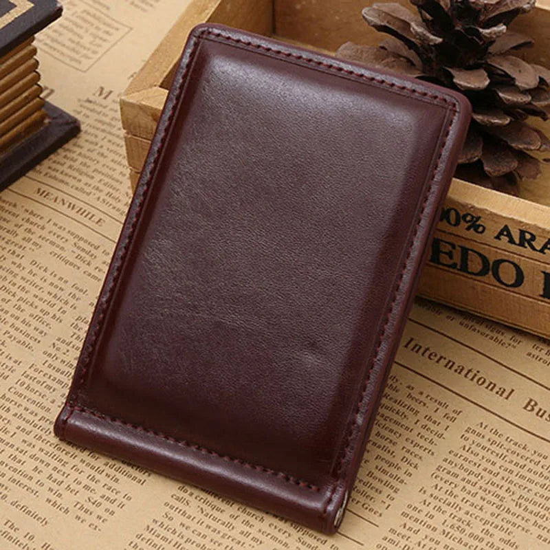 Men's Leather Money Clip Wallet — Compact Card Holder with Coin Pocket