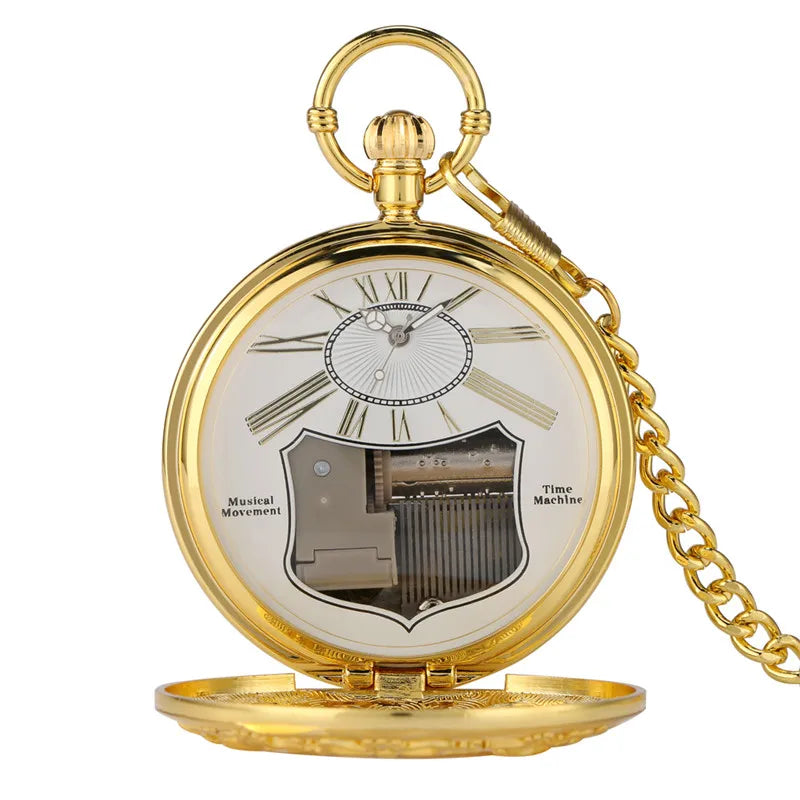 Antique Musical Pocket Watch — Vintage Style Quartz Fob Clock with Chain