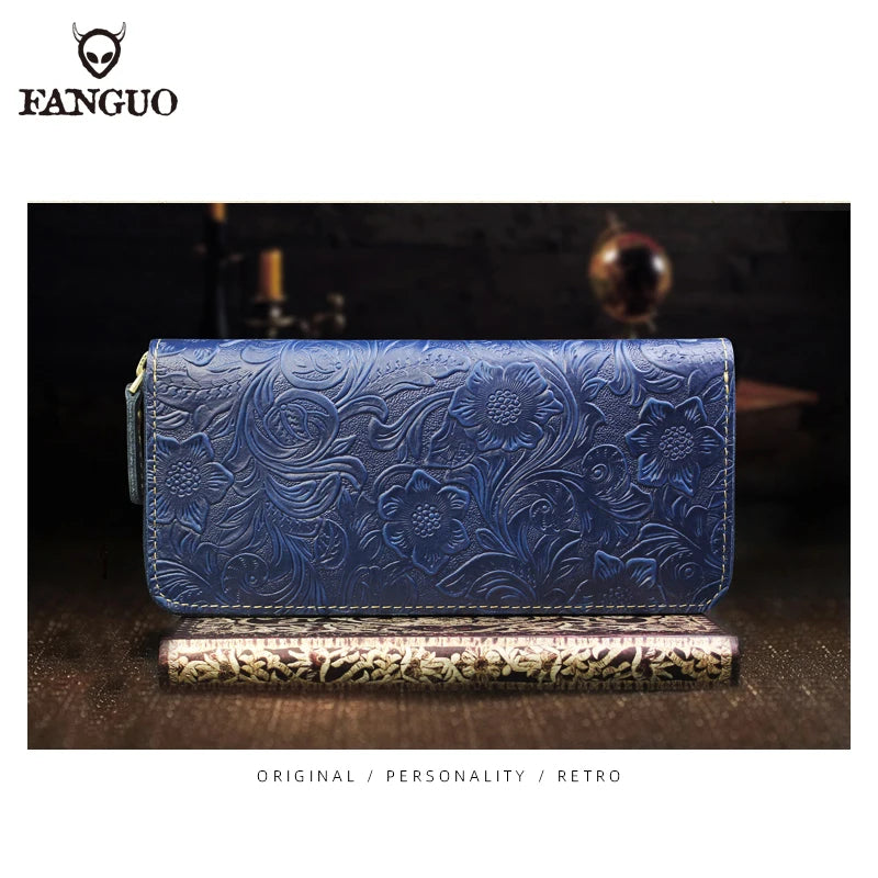 FANGUO Embossed Genuine Leather Long Wallet — Large Capacity Organizer