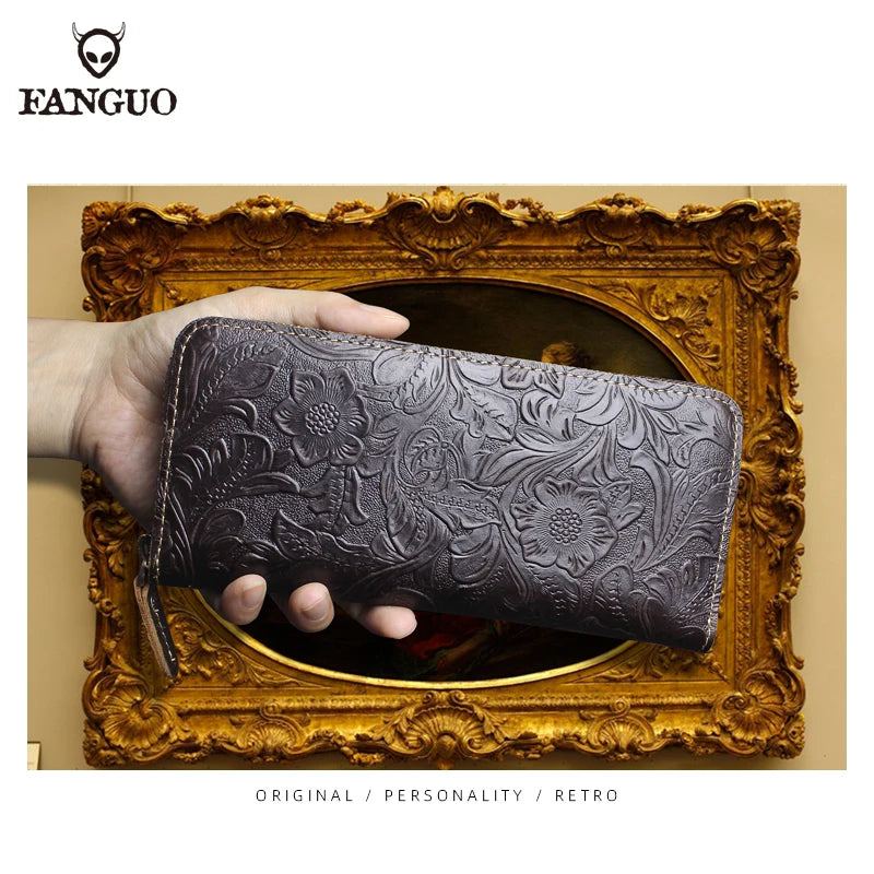 FANGUO Embossed Genuine Leather Long Wallet — Large Capacity Organizer