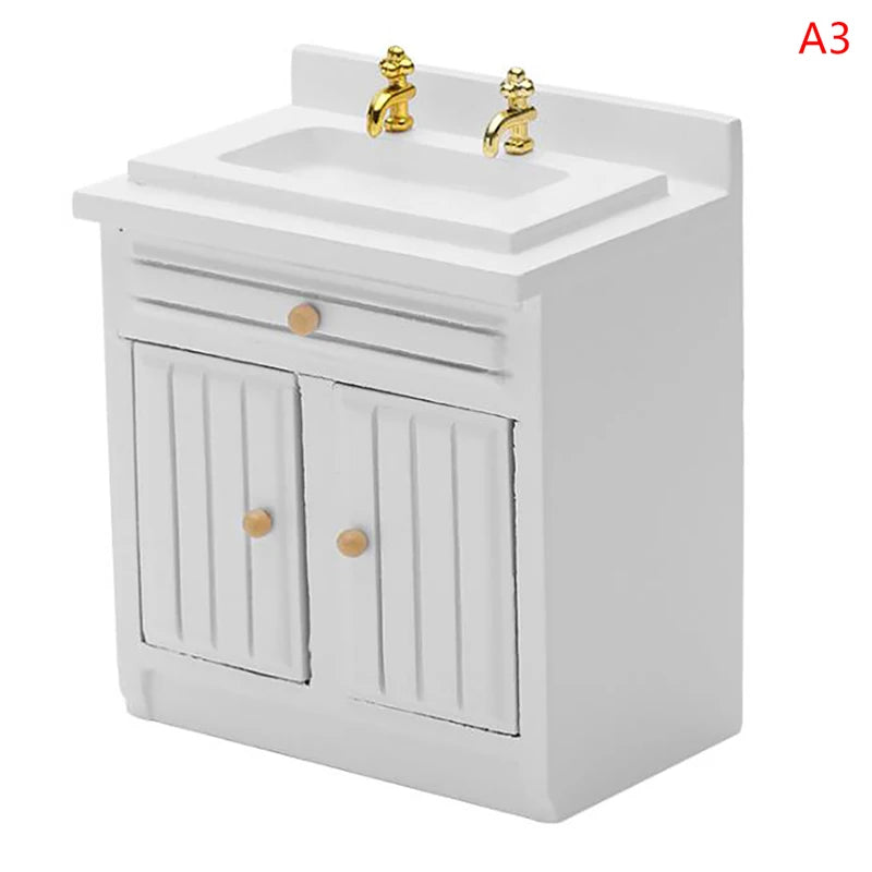 MYPANDA 1:12 Scale Wooden Dollhouse Kitchen Set — Miniature Sink and Cabinet Furniture