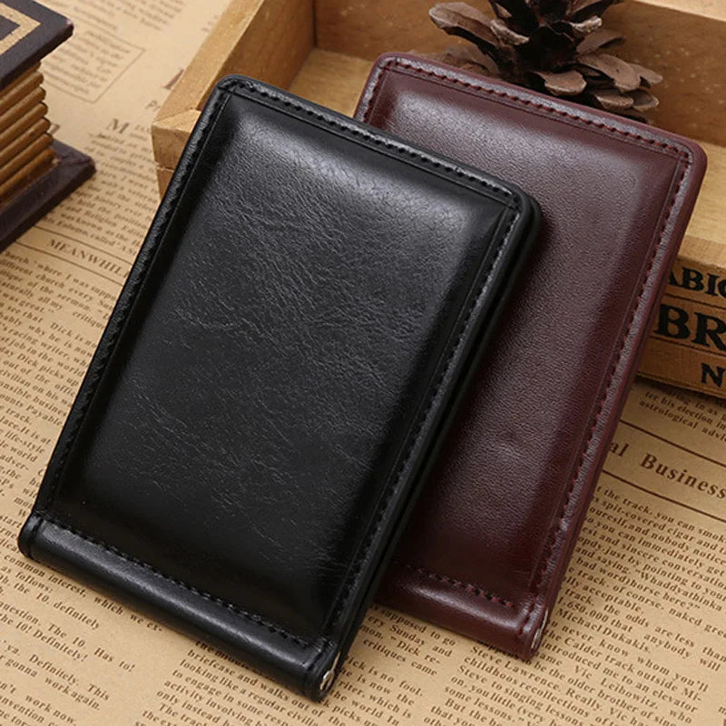 Men's Leather Money Clip Wallet — Compact Card Holder with Coin Pocket