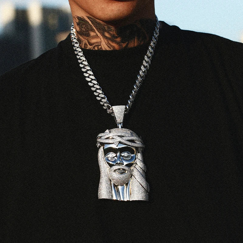 ICEOUTBOX Jesus Head Pendant Necklace — Bling Hip Hop Jewelry with Zircon