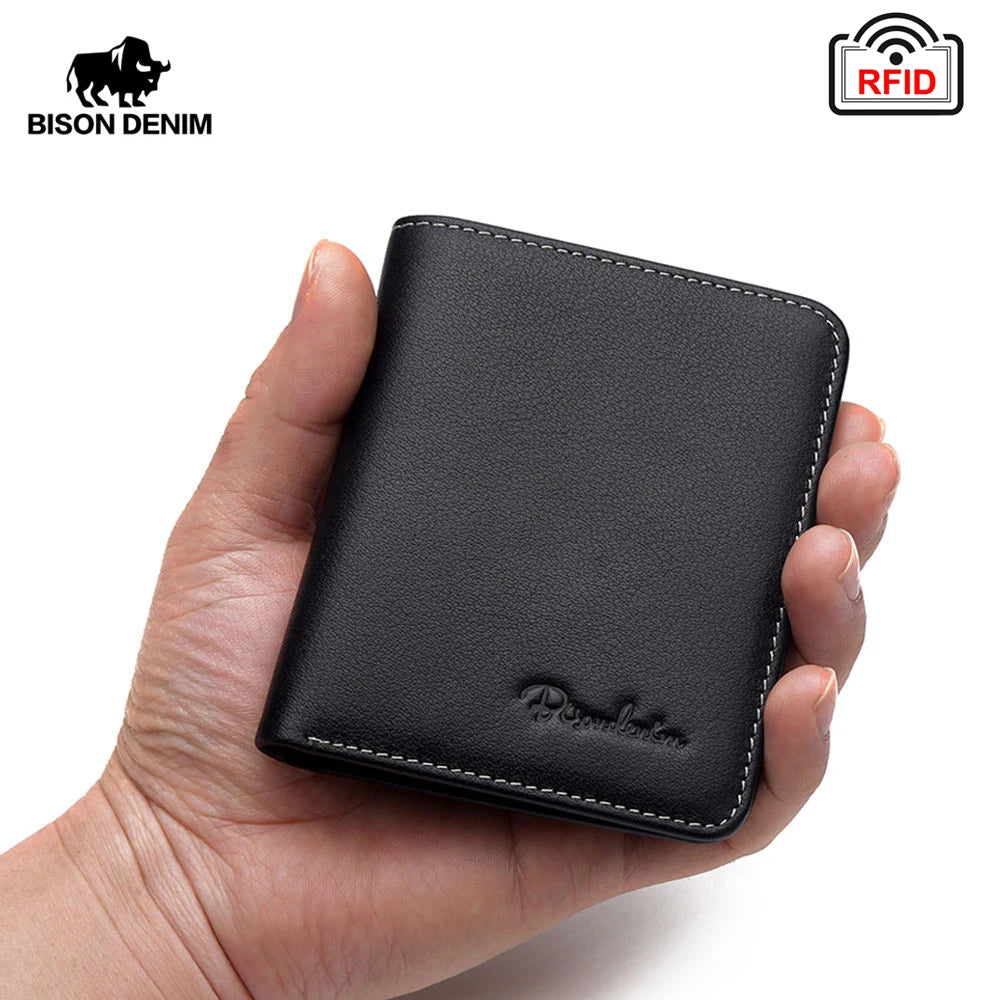 BISON DENIM Genuine Leather Wallet — Slim Men's Card Holder & Mini Purse